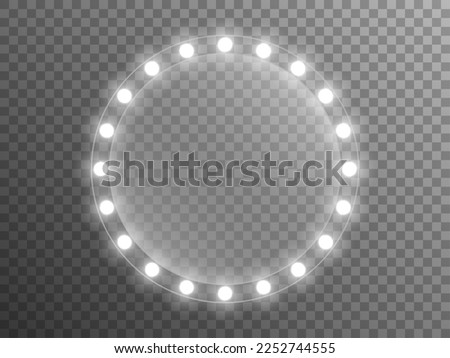 Mirror with lights. Makeup mirror with white lamps. Illuminated frame with silver bulbs. Glowing glass template. Vector illustration.