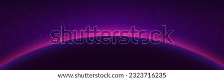 Planet sunrise. Sun eclipse in cosmos. Starry background with planet orbit. Glowing solar ring. Horizon effect with color glow. Beautiful white stars. Vector illustration.