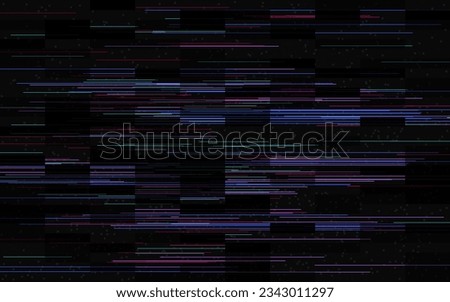 Glitch effect. Color glitched lines. Digital video error. Dark cyberpunk background. Random glowing shapes. Modern playback bug. Dynamic stripes and pixels. Vector illustration.