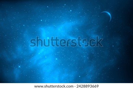 Night sky. Starry background with planet. Blue galaxy with realistic clouds. Glowing cosmos texture. Deep space backdrop. Shining nebula with stars. Vector illustration.