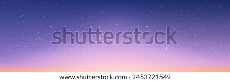 Starry sky background. Beautiful sunset with stars. Wide starry wallpaper for website or brochure. Night milky way with stardust. Gradient cosmic backdrop. Vector illustration.