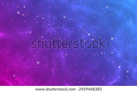 Nebula background. Color glowing cosmos. Purple and blue galaxy with bright stars. Beautiful cosmic gradient with stardust. Magic colorful universe. Vector illustration.