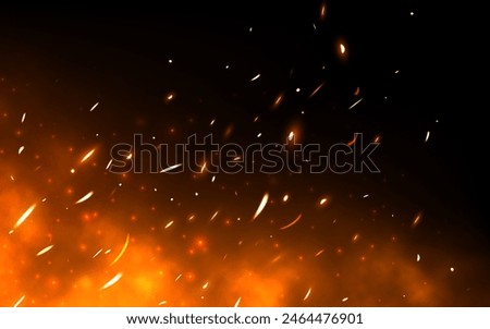 Fire sparks. Realistic flame background. Bright flying particles. Heat with glowing effect. Red fire with sparks. Bonfire flying up. Orange sparkling fireplace. Vector illustration.