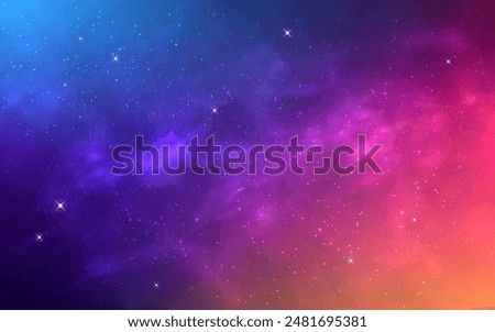 Galaxy background. Color outer space. Glowing universe with bright stars. Fantasy milky way. Violet nebula and constellations. Deep space wallpaper. Vector illustration.