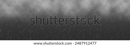 Rain effect. Clouds and water droplets. Realistic rain and fog. Rainfall background. Storm weather concept. Water drops on transparent background. Vector illustration.