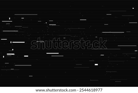 Glitch noise background. Retro video failure. Distorted analog signal. Horizontal white lines on dark backdrop. VHS playback effect. Old broken television. Vector illustration.