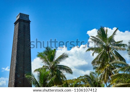 Coconut plam trees along side a sugar cane an old french style plantation furnice chimney on the island of Mauritius. Imagine de stoc © 