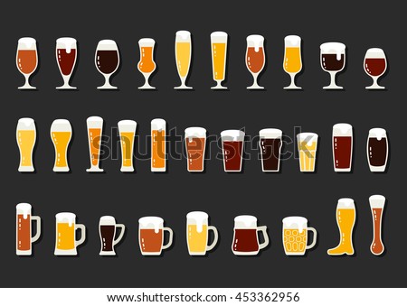 Set icons of beer with foam in mugs and glasses, vector illustration