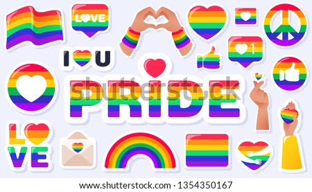 Pride LGBTQ+ icon set, LGBTQ+ related symbols set in rainbow colors: Pride Flag, Heart, Peace, Rainbow, Love, Support, Freedom Symbols. Gay Pride Month. Flat design signs isolated on white background Сток-фото © 