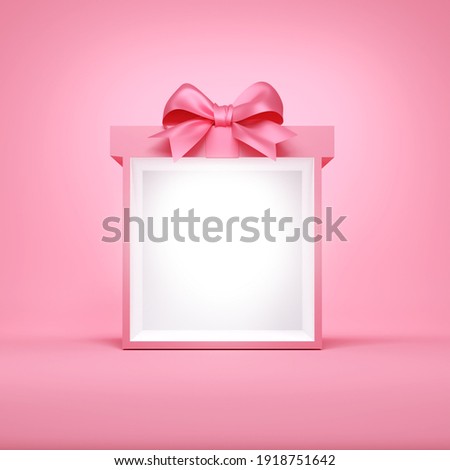 Sweet exhibition booth blank gift box stand with pink pastel color ribbon bow isolated on pink background. 3D rendering