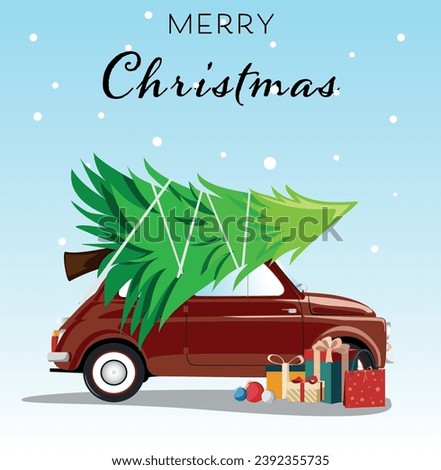  Merry christmas card with red  holiday car and tree on the roof