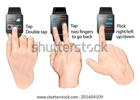 Set of multi-touch gestures for smart-watch. Tap, flick,  two fingers to go back. Vector illustration.