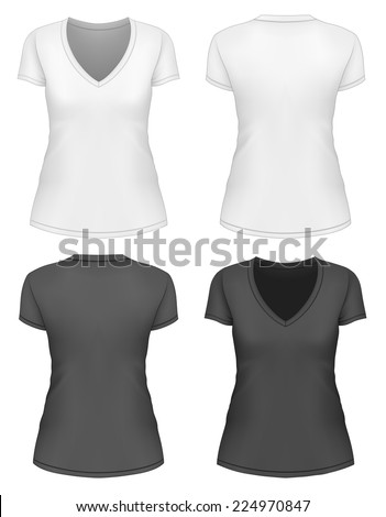 Women's v-neck t-shirt design template (front, back views). Vector illustration.