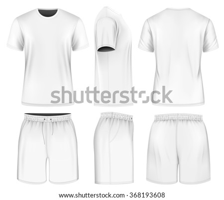 Men’s short sleeve t-shirt and sport shorts (front, side and back views). Vector illustration. Fully editable handmade mesh.