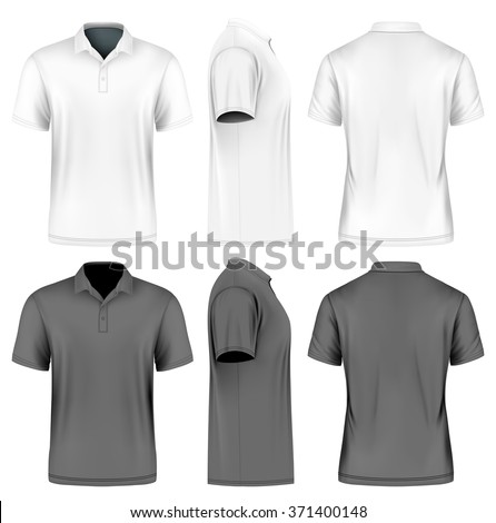 Men's slim-fitting short sleeve polo shirt. Front, back and side views. White and black variants. Vector illustration. Fully editable handmade mesh.