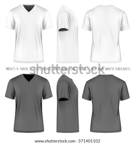 Men’s short sleeve v-neck t-shirt . Front, side and back views. Vector illustration. Fully editable handmade mesh. Black and white variants.