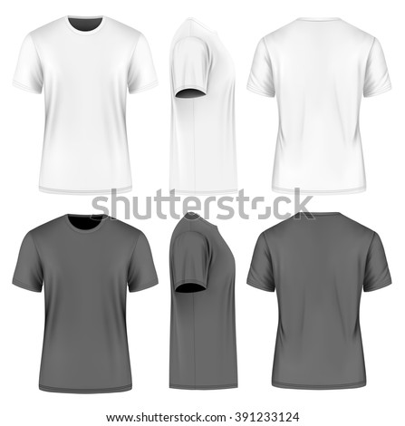 Men’s short round neck t-shirt . Front, side and back views. Vector illustration. Fully editable handmade mesh. Black and white variants.