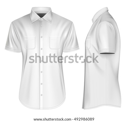 Men's short sleeved formal button down shirts front and side views. Fully editable handmade mesh, Vector illustration.