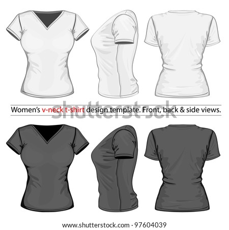 Vector. Women’s v-neck t-shirt design template (front, back and side view).