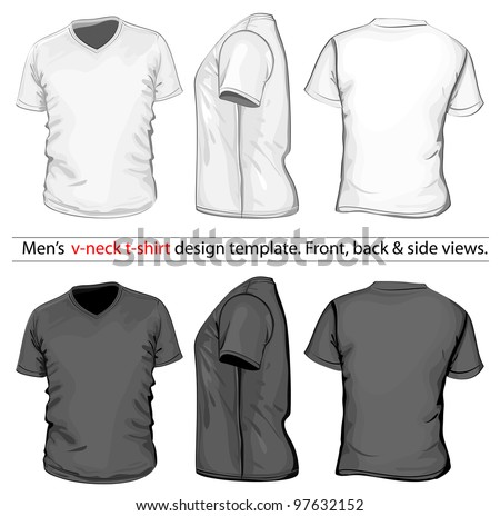 Vector. Men’s V-neck t-shirt design template (front, back and side view). White & black