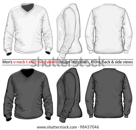 Vector. Men'S V-Neck Long Sleeve T-Shirt Design Template (Front, Back ...