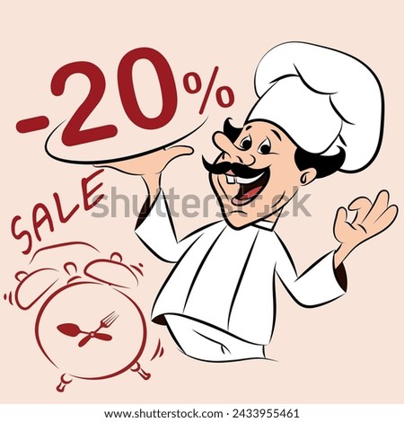 Vector illustration that can be used as a sales ad for restaurants selling prepared food. The illustration shows a chef holding a plate with the percentage off. This can be changed at will.
