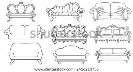 Sofa line Icons. Furniture design. Collection of sofa illustration. Modern furniture set isolated on white background.