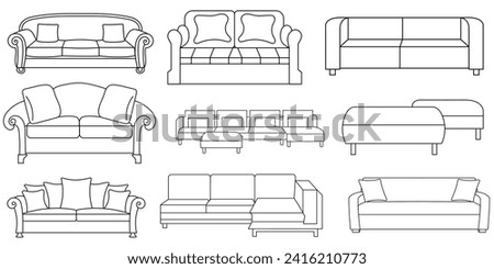 Sofa line Icons. Furniture design. Collection of sofa illustration. Modern furniture set isolated on white background.