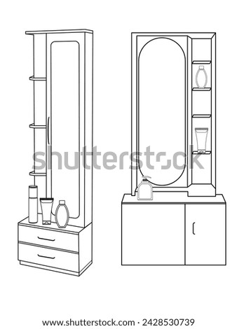 Dressing table and other furniture. Dressing room in outline style. Interior room with mirror vanity makeup and accessories. Vector illustration.