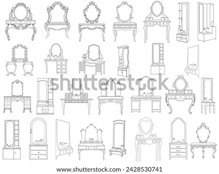 Dressing table and other furniture. Dressing room in outline style. Interior room with mirror vanity makeup and accessories. Vector illustration.