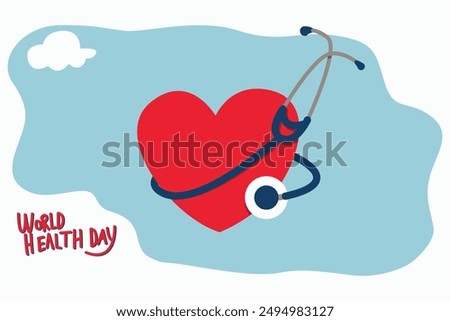 Colorful Illustration Celebrating World Health Day with Heart and Stethoscope