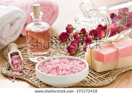 SPA treatment set with sea salt, rose aroma oil and soap bar