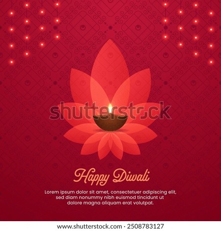 Happy Diwali greetings with Fabulous Earthen Lamp placed on marvelous lotus and Decorative and Elegant Background stitched with stars