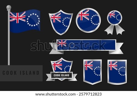 Cook island flag set. Collection of Cook Islander national emblems. Flat design of flags collection.