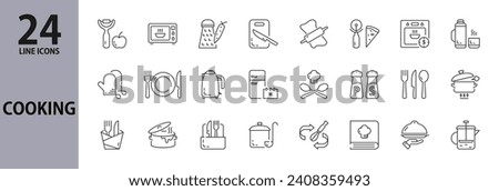 Cooking line icons set with Pot, Fork, Spoon, Plate, Peeler, Kettle, Oven, Box Grater, Freezing, Mixing, Boiling, Cutting, Dish, Chef's Hat and more. Editable Stroke