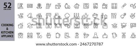 Kitchen Appliance and Cooking line icons set with Scales, Kettle, Bread maker, Blender, Toaster, Waffle maker, Coffeemaker, Multicooker, Juicer, Meat grinder, Fryer, Oven, Mixer, Dishwasher. Editable 