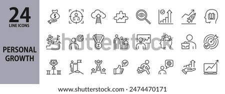 Professional Growth line icons set with Career, Professional, Rise, Goal, Progress, Success, Growth, Potential, Option, Motivation, Business, Idea, Focus, Result, Strategy and more. Editable Stroke