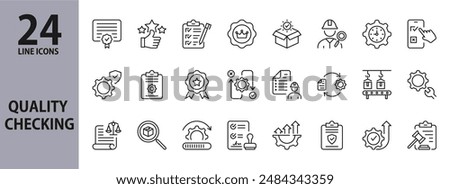 Quality Check line icons set with Patent, Certificate, Control, Inspection, Progress, Award, Setting, Instruction, Selection, Specification, Approve and more. Editable Stroke