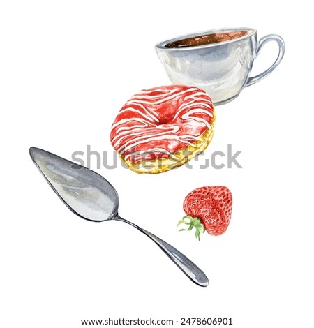 Donut and strawberry, cup and pastry spatula, watercolor. Vector illustration. Cards, cafe menus, bakeries, confectioneries, posters, large banners.