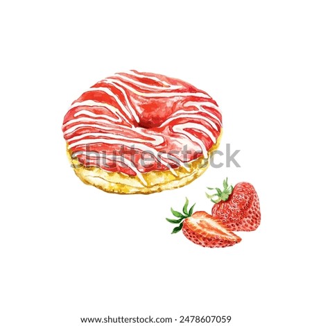 Donut and strawberry, watercolor. Baking and berries. Vector. Cards, invitations, cafe menus, bakeries, confectioneries, posters, large banners.