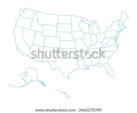 Outline map of the United States of America 50 States of the USA with state borders