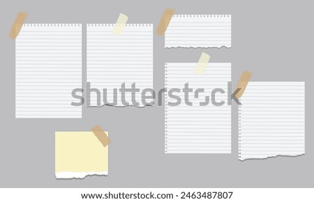 White and colorful note notebook paper with torn edges stuck on gray background Pink sheets of note papers