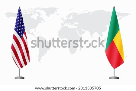 United States and Benin flags for official meeting against background of world map.