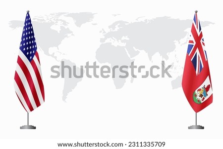United States and Bermuda flags for official meeting against background of world map.