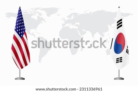 United States and South Korea flags for official meeting against background of world map.