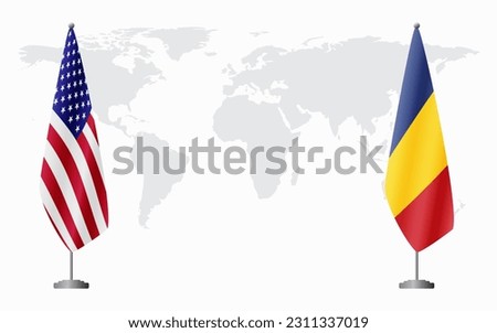 United States and Romania flags for official meeting against background of world map.