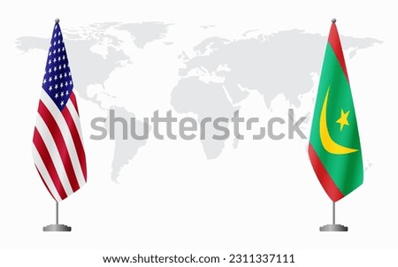 United States and Mauritania flags for official meeting against background of world map.