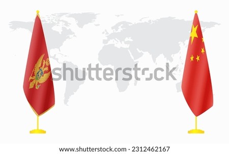 China and Montenegro flags for official meeting against background of world map.