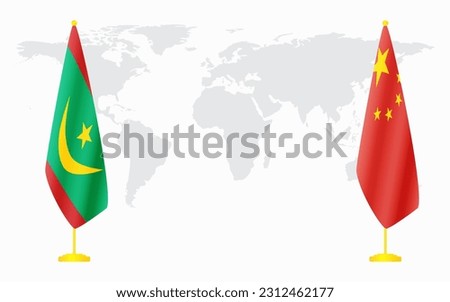 China and Mauritania flags for official meeting against background of world map.