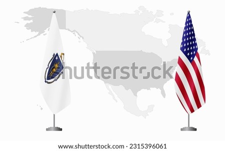 Massachusetts US and USA flags for official meeting against background of world map.